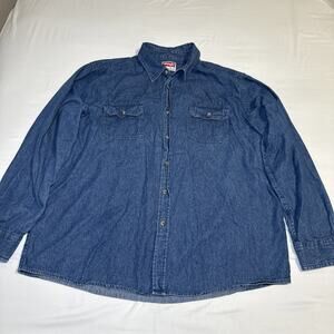 Vintage Wrangler Mens XL Denim Work Shirt Long Sleeves Button Up Blue Cotton